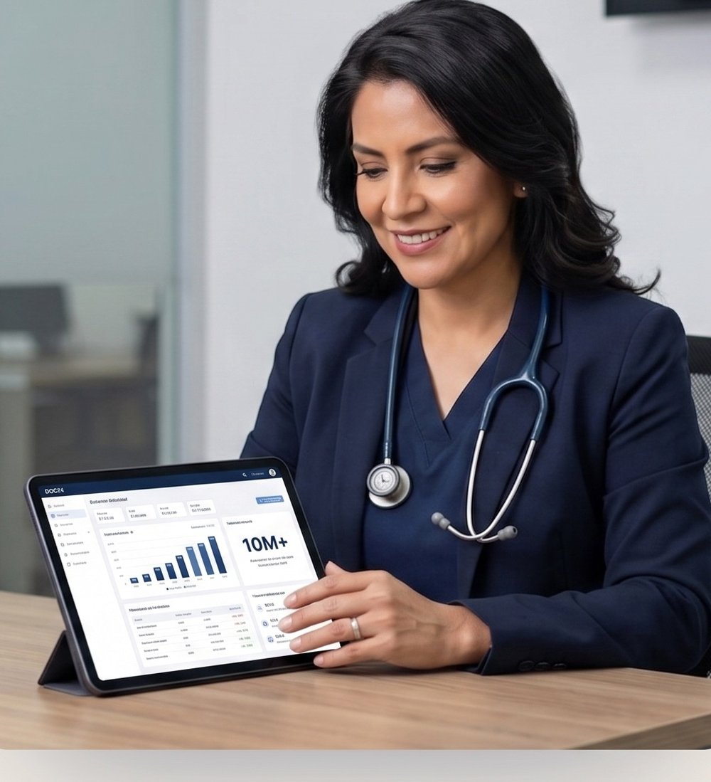 Médica mostrando la plataforma DOC24 en una tablet